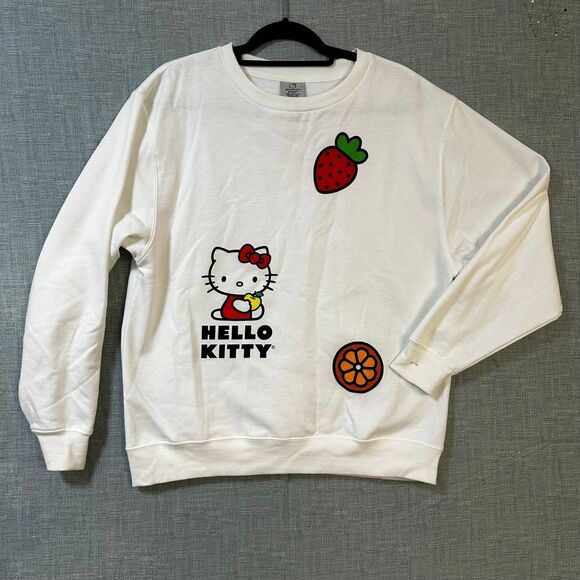 Hello Kitty Sweatshirt Crewneck Graphic fruit Print Sanrio White Pullover L - Picture 1 of 7